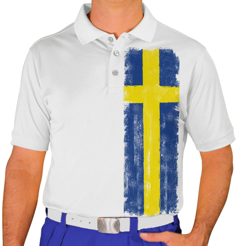 Mens Sport Pro Dry White Shirt with Sweden Flag Design Front