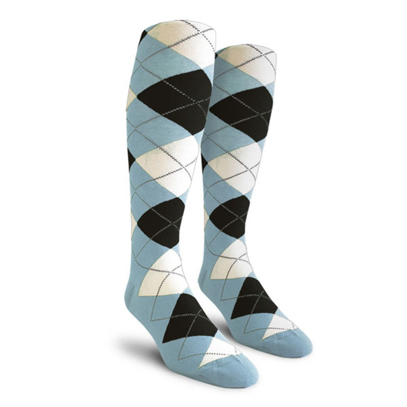 Mens Over the Calf Argyle Socks Light Blue, Black and White
