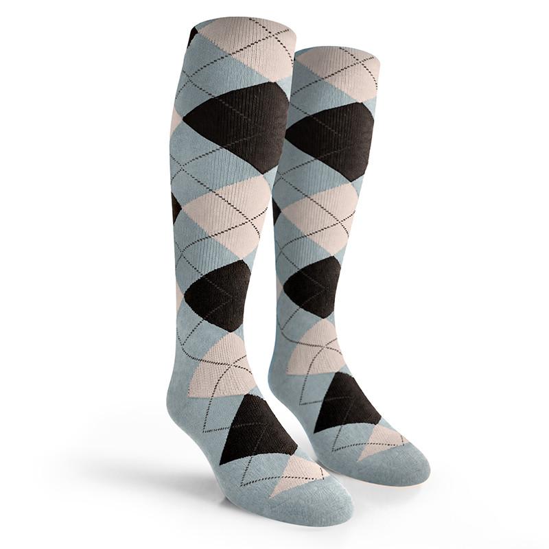 Argyle Socks - Mens Over-the-Calf - YYYY: Light Blue/Black/White