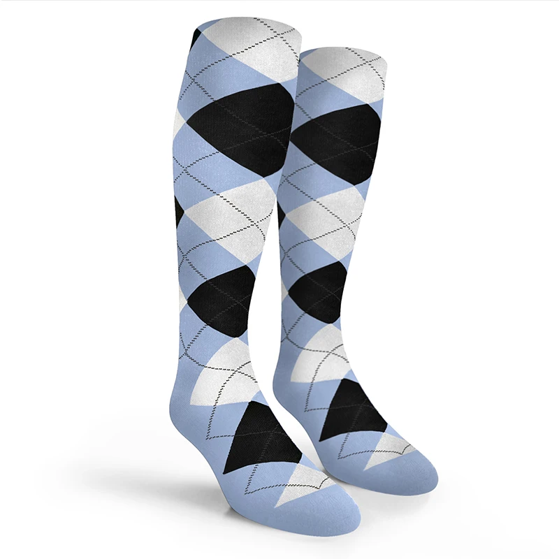 Argyle Socks - Mens Over-the-Calf - YYYY: Light Blue/Black/White