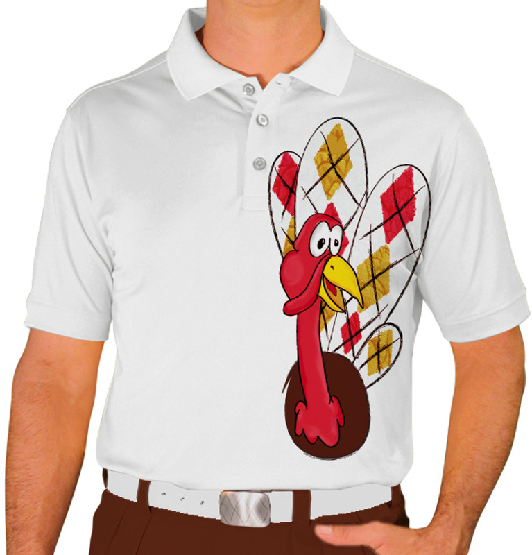 Mens Sport Pro Dry White Microfiber Shirt with Limited Time Thanksgiving Turkey with White, Red and Gold Argyle Feathers Design Front