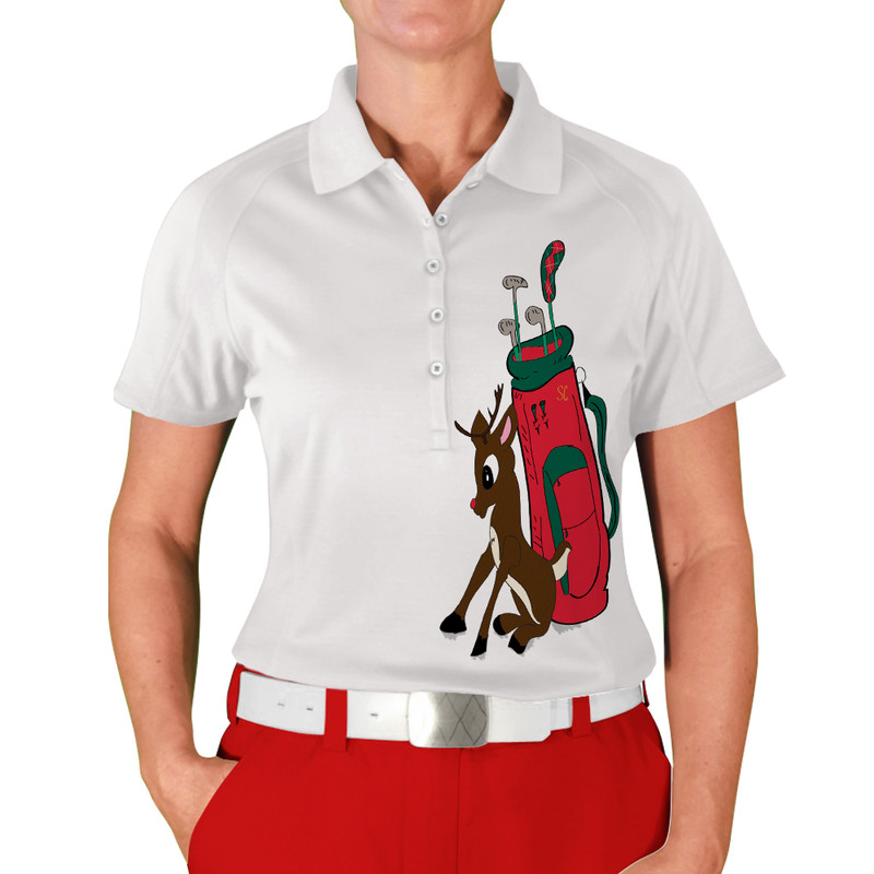 Ladies Sport Pro Dry White Microfiber Shirt with Limited Time with Rudolph the Red nosed Reindeer as your Caddie
