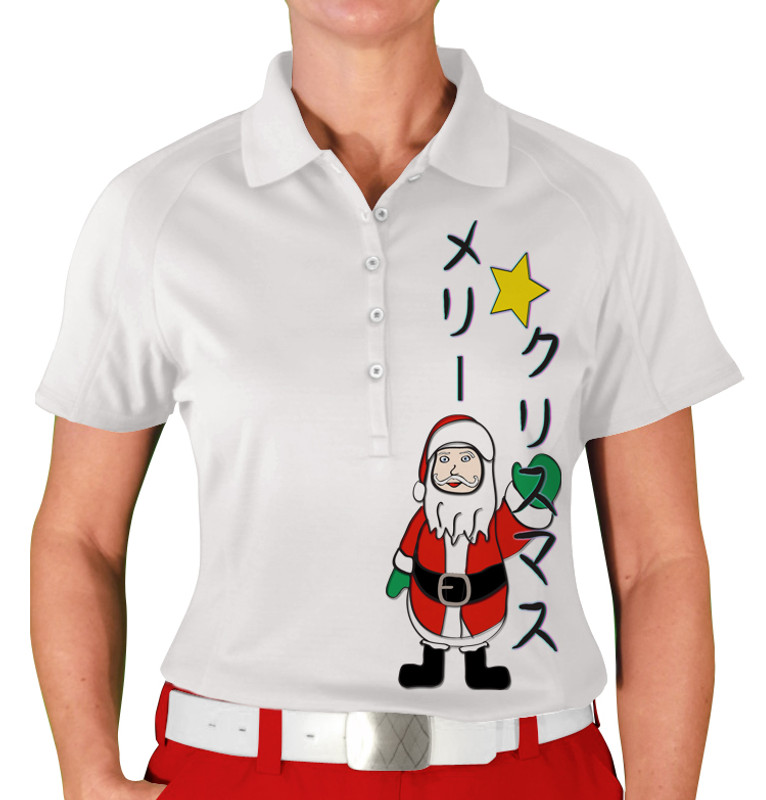 Ladies Sport Sport Pro Dry White Microfiber Shirt Limited Time with Merry Christmas in Japanese メリークリスマス Design and Santa