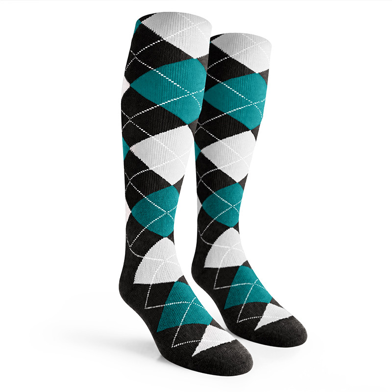 Argyle Socks - Mens Over-the-Calf - 6C: Black/Teal/White