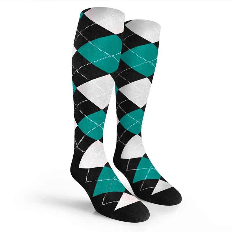 Argyle Socks - Mens Over-the-Calf - 6C: Black/Teal/White