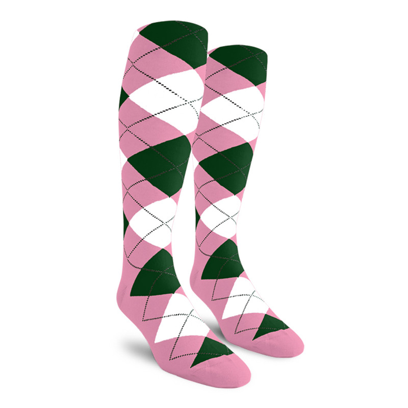 Mens Over the Calf Argyle Socks Pink, White and Dark Green