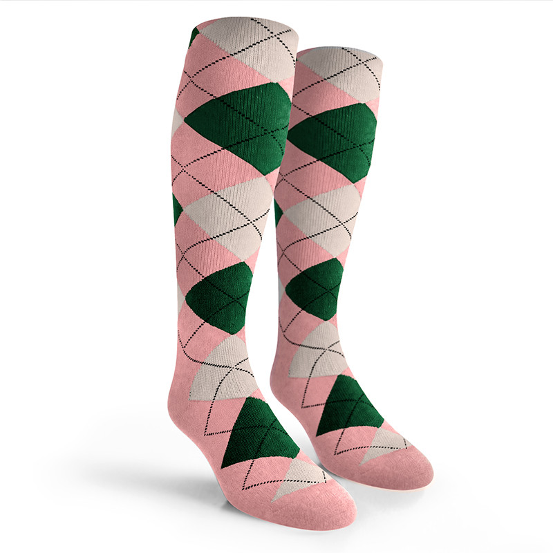 Argyle Socks - Mens Over-the-Calf - 6D: Pink/White/Dark Green