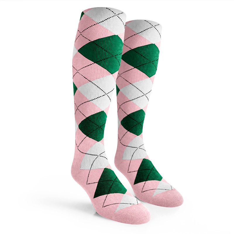 Argyle Socks - Mens Over-the-Calf - 6D: Pink/White/Dark Green