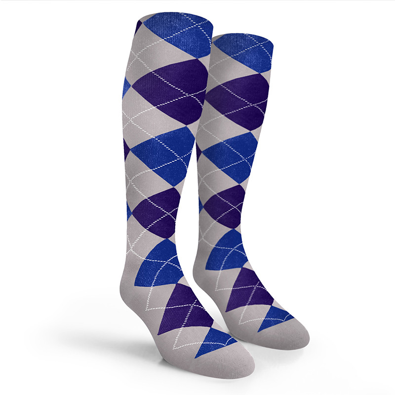 Argyle Socks - Mens Over-the-Calf - 6E: Taupe/Purple/Royal