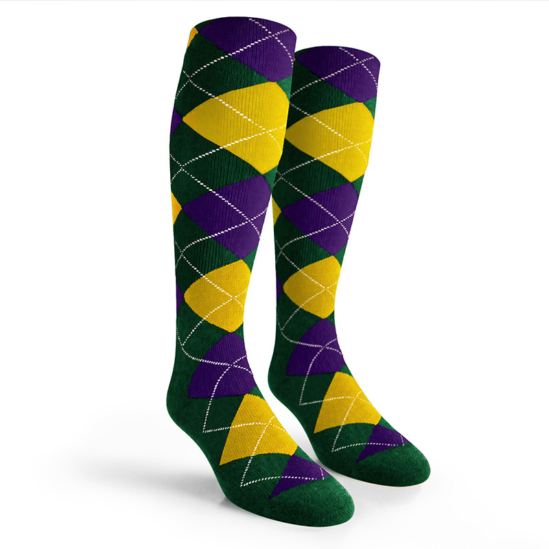 Argyle Socks - Mens Over-the-Calf - 6F: Dark Green/Yellow/Purple