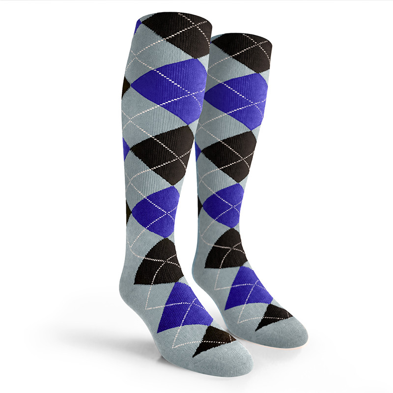 Argyle Socks - Mens Over-the-Calf - 6I: Light Blue/Royal/Black