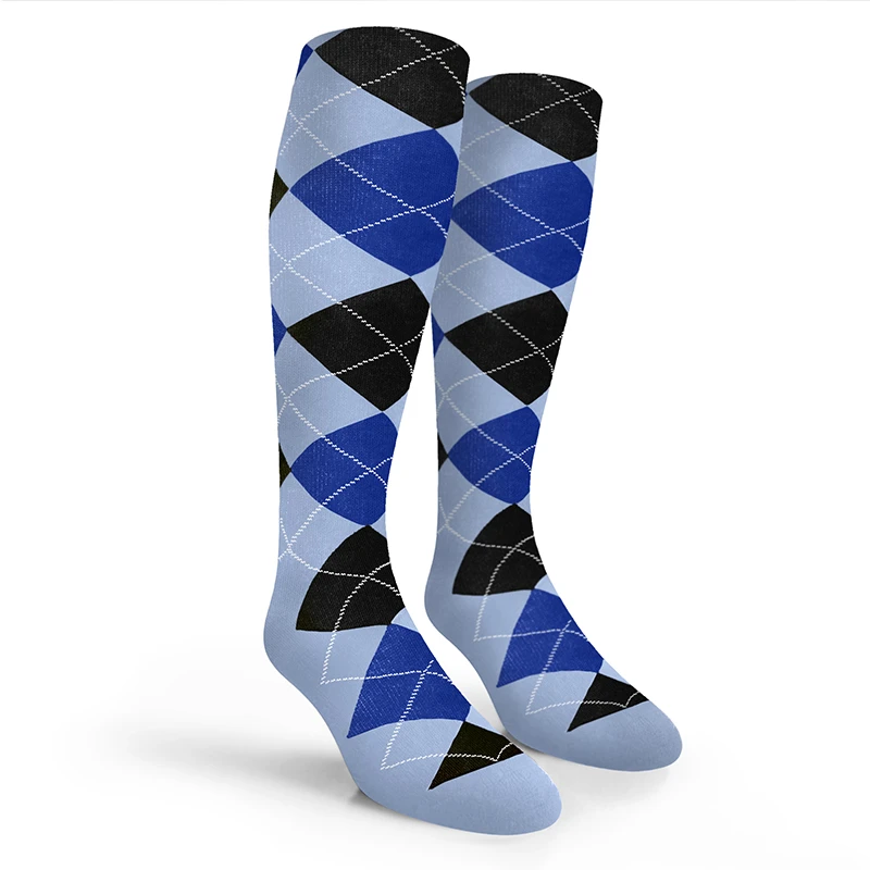 Argyle Socks - Mens Over-the-Calf - 6I: Light Blue/Royal/Black