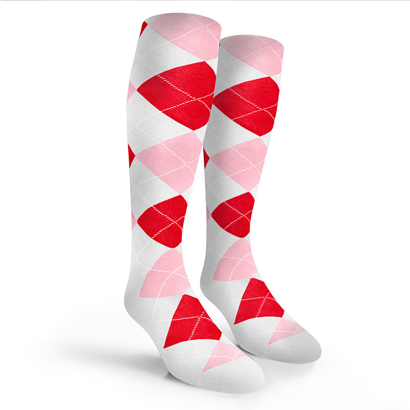 Argyle Socks - Mens Over-the-Calf - 6Q: White/Pink/Red