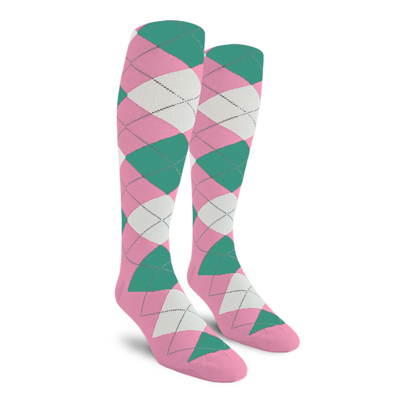 Mens Over the Calf Argyle Socks Pink, White and Teal