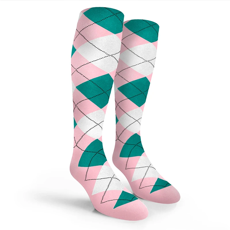 Argyle Socks - Mens Over-the-Calf - 6T: Pink/White/Teal