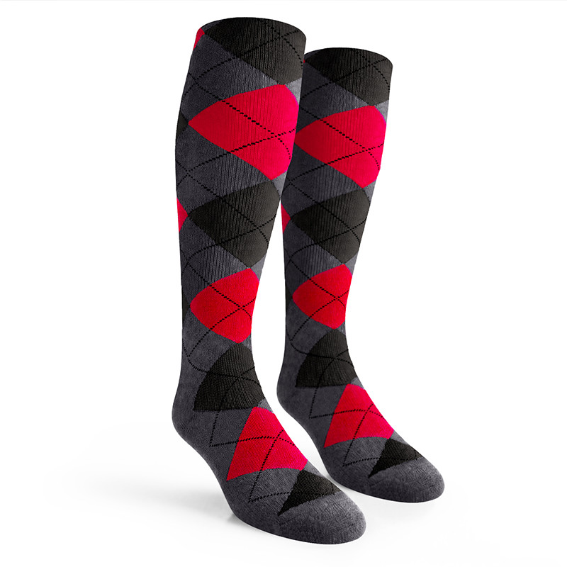 Argyle Socks - Mens Over-the-Calf - 6U: Charcoal/Black/Red