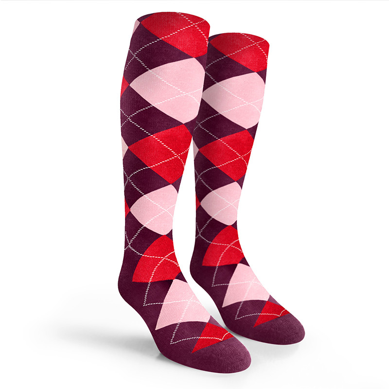 Argyle Socks - Mens Over-the-Calf - 6V: Maroon/Pink/Red