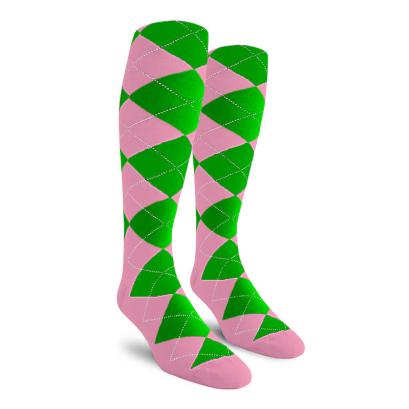Mens Over the Calf Argyle Socks Pink and Lime