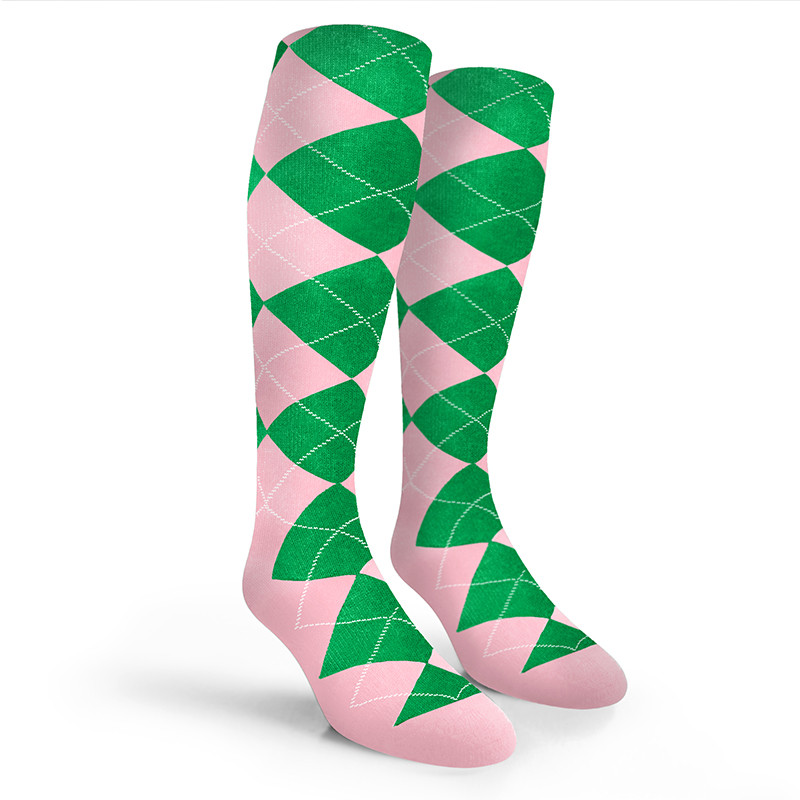 Argyle Socks - Mens Over-the-Calf - 6Y: Pink/Lime