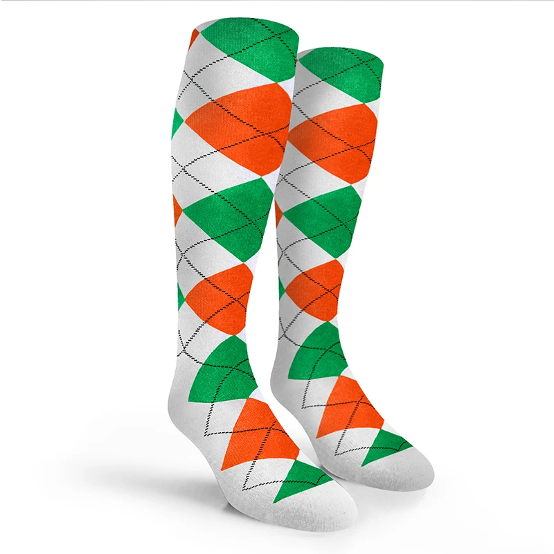 Argyle Socks - Mens Over-the-Calf - 6Z: White/Orange/Lime