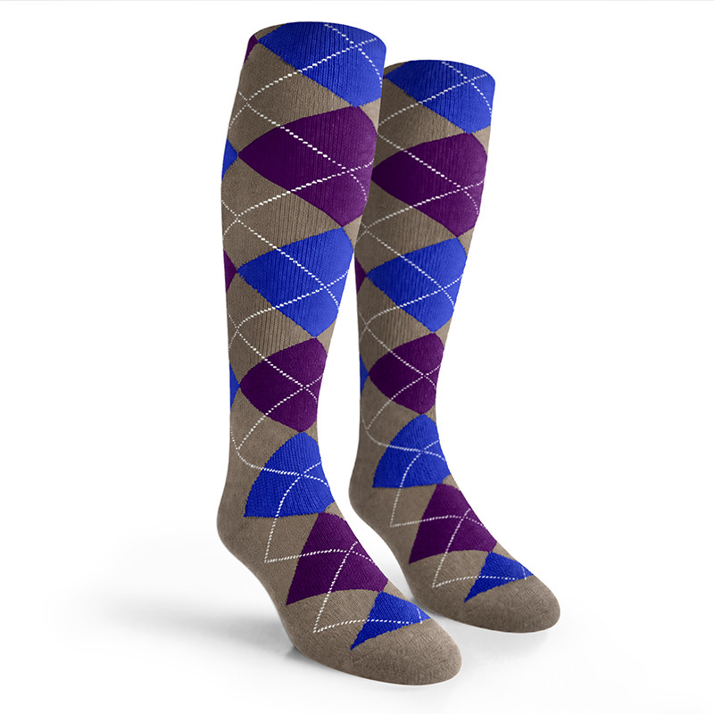 Argyle Socks - Ladies Over-the-Calf - 6E: Taupe/Purple/Royal