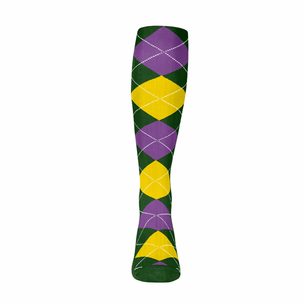 Argyle Socks - Ladies Over-the-Calf - 6F: Dark Green/Yellow/Purple