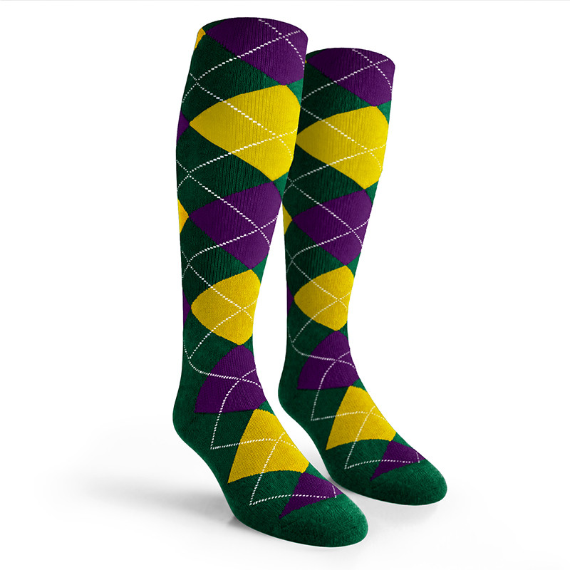 Argyle Socks - Ladies Over-the-Calf - 6F: Dark Green/Yellow/Purple