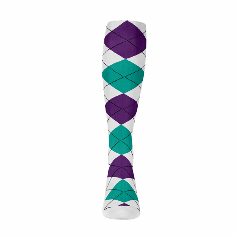 Argyle Socks - Ladies Over-the-Calf - 6J: White/Purple/Teal