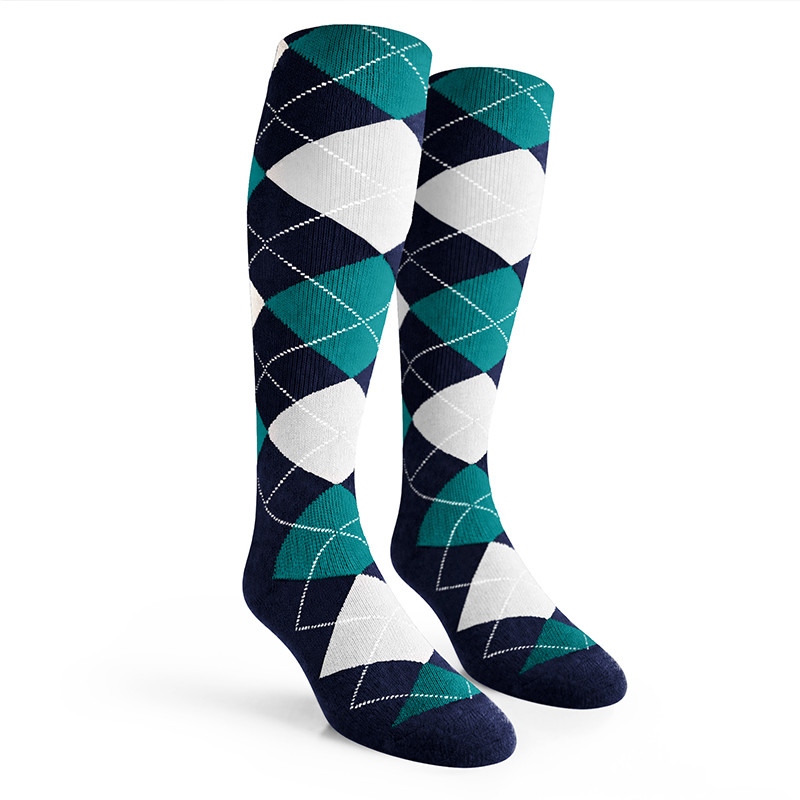 Argyle Socks - Ladies Over-the-Calf - 6P: Navy/White/Teal