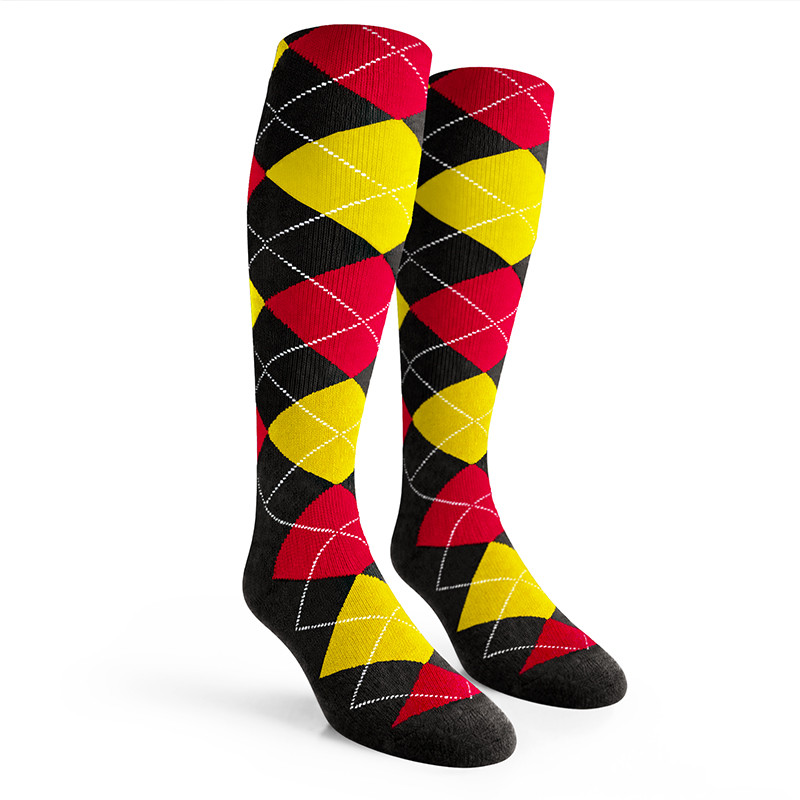 Argyle Socks - Ladies Over-the-Calf - 6R: Black/Yellow/Red