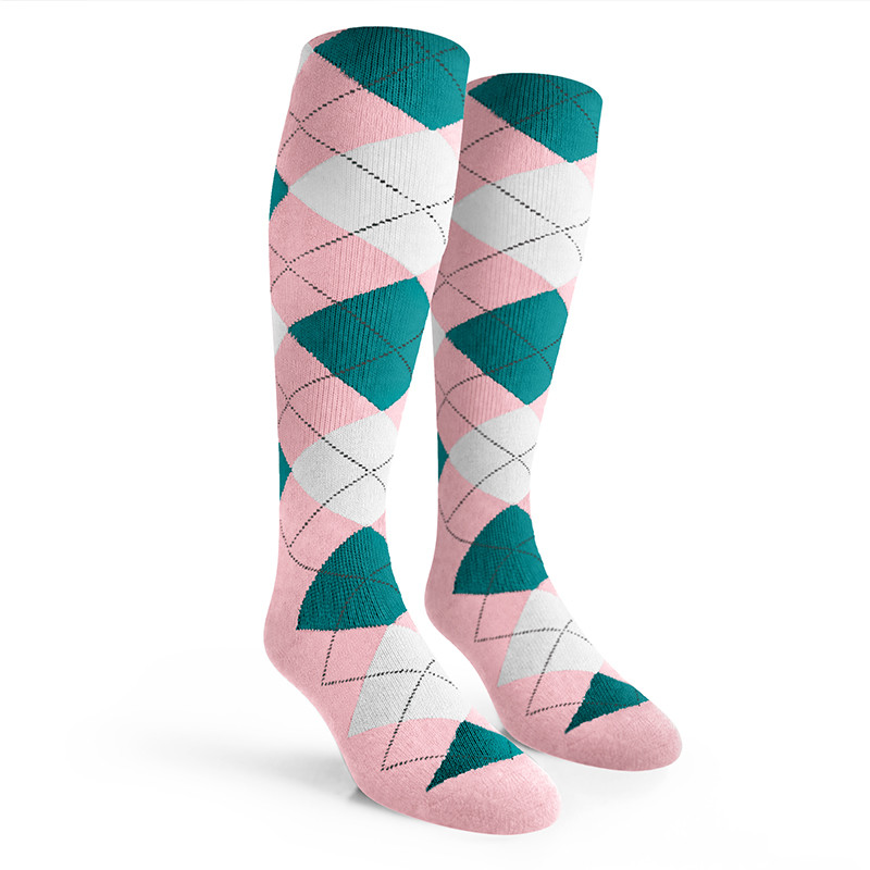 Argyle Socks - Ladies Over-the-Calf - 6T: Pink/White/Teal