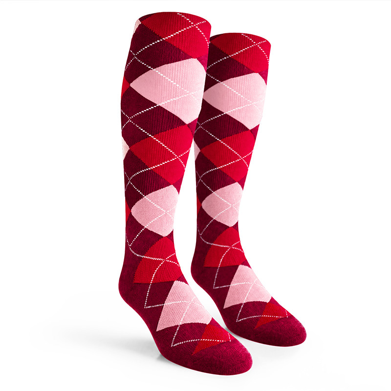 Argyle Socks - Ladies Over-the-Calf - 6V: Maroon/Pink/Red