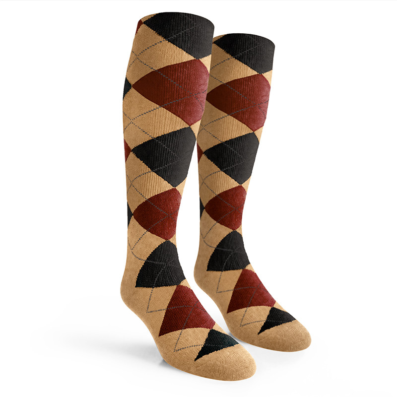 Argyle Socks - Ladies Over-the-Calf - 6W: Khaki/Brown/Black