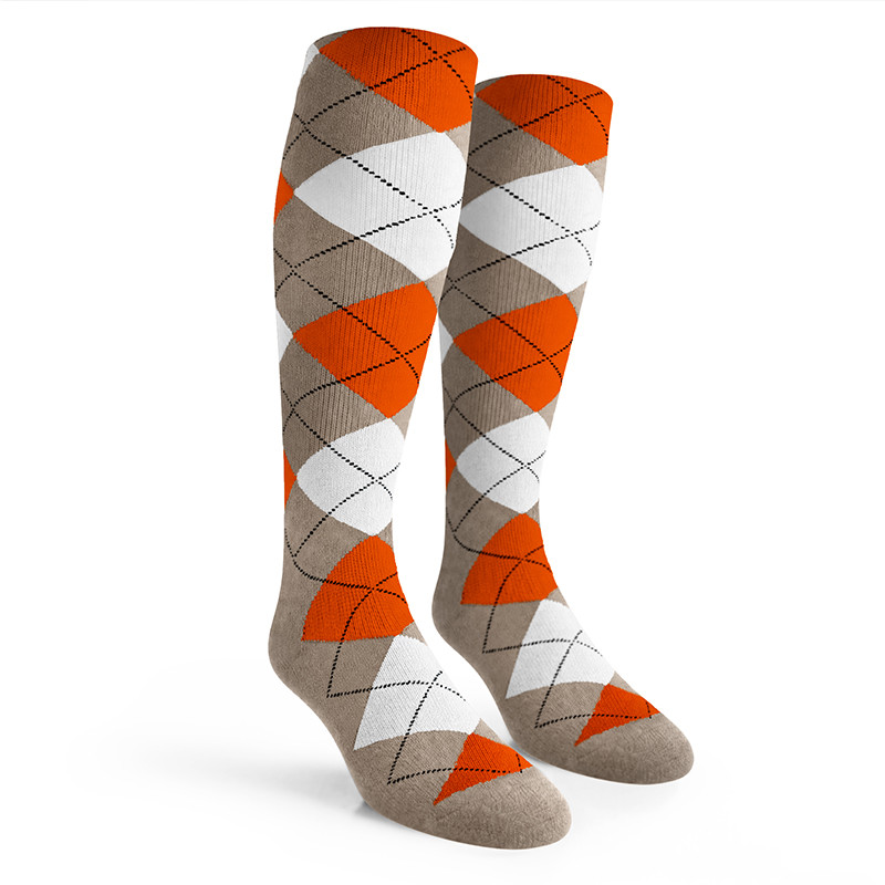 Argyle Socks - Ladies Over-the-Calf - 6X: Taupe/Orange/White