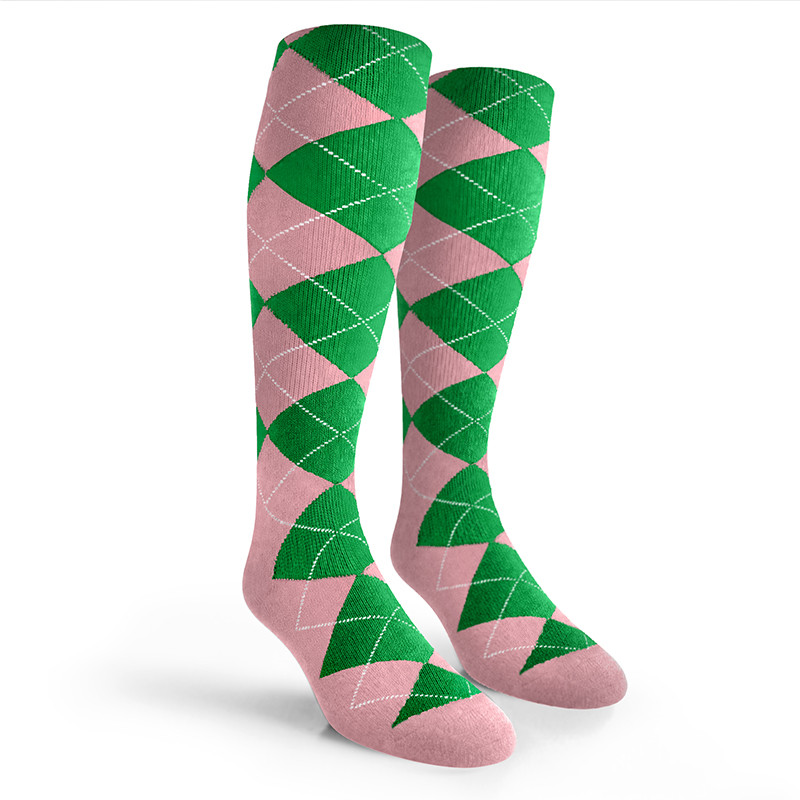Argyle Socks - Ladies Over-the-Calf - 6Y: Pink/Lime