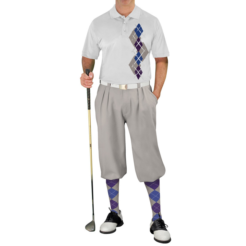 Mens Pro Dry White Microfiber Shirt with Taupe, Purple and Royal Argyle Paradise Design with Taupe Golf Knickers and Matching Argyle Socks