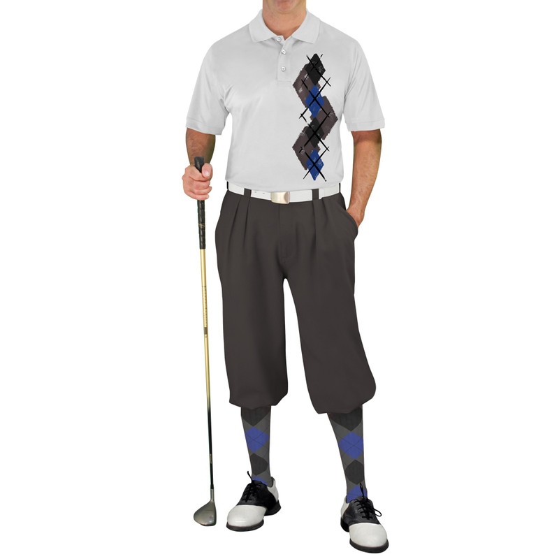 Mens Sport Pro Dry White Microfiber Shirt with Charcoal, Black and Royal Argyle Paradise Design with Charcoal Golf Knickers and Matching Argyle Socks