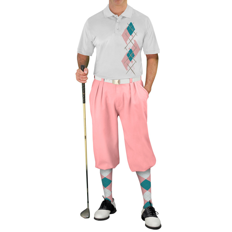Mens Pro Dry White Microfiber Shirt with Pink, White and Teal Argyle Paradise Design with Pink Golf Knickers and Matching Argyle Socks
