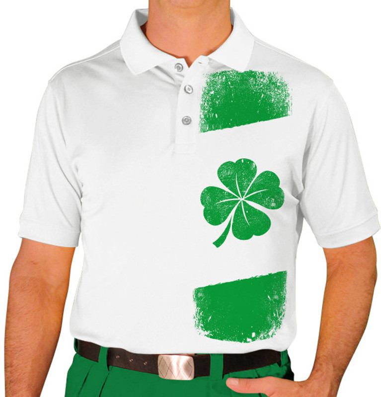 Mens Sport Pro Dry White Shirt with Irish Flag Clover Design Front