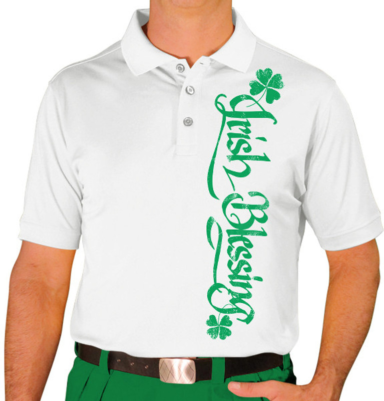 Mens Sport Pro Dry White Shirt with Irish Blessing Design Front