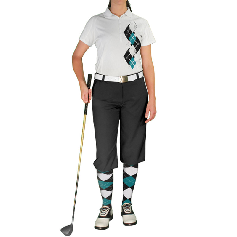 Ladies Argyle Paradise Golf Shirt - 6C: Black/Teal/White