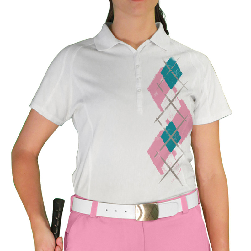 Ladies Argyle Paradise Golf Shirt - 6T: Pink/White/Teal