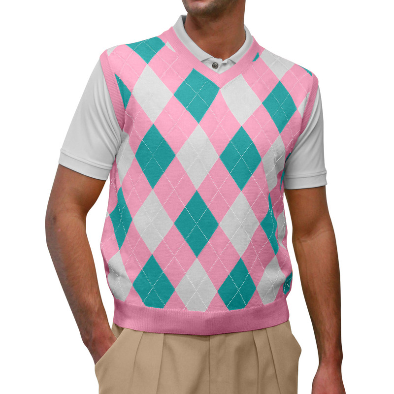 Argyle Golf Sweater Vest | Pink/White/Teal | Mens
