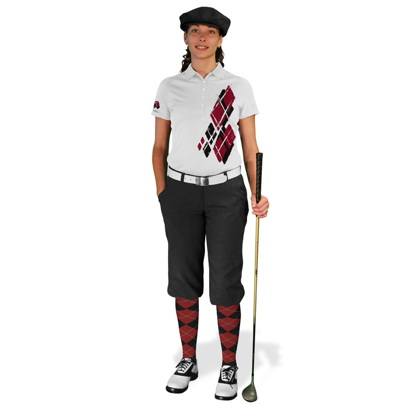 Ladies Golf Knickers Argyle Utopia Outfit DD - Black/Maroon