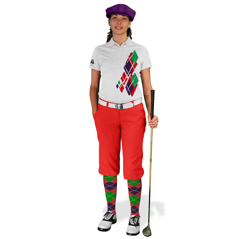 Ladies Golf Knickers Argyle Utopia Outfit 5C - Red/Purple/Lime