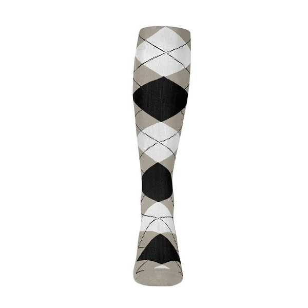 Youth Over the Calf Argyle Sock Taupe, Black and White 360 View