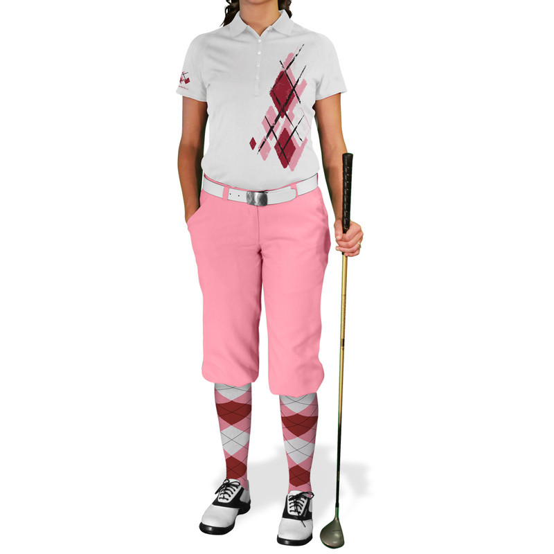 Ladies Argyle Utopia Golf Shirt - VVV: Pink/Maroon/White