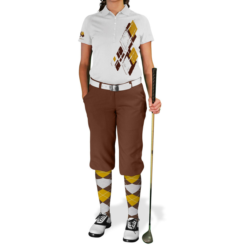Ladies Argyle Utopia Golf Shirt - EEEE: Brown/Gold/White