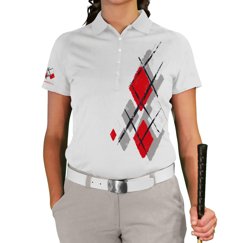 Ladies Argyle Utopia Golf Shirt - 5T: Taupe/Red/White