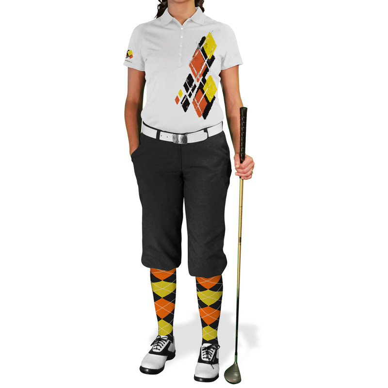 Ladies Argyle Utopia Golf Shirt - 6B: Black/Orange/Yellow
